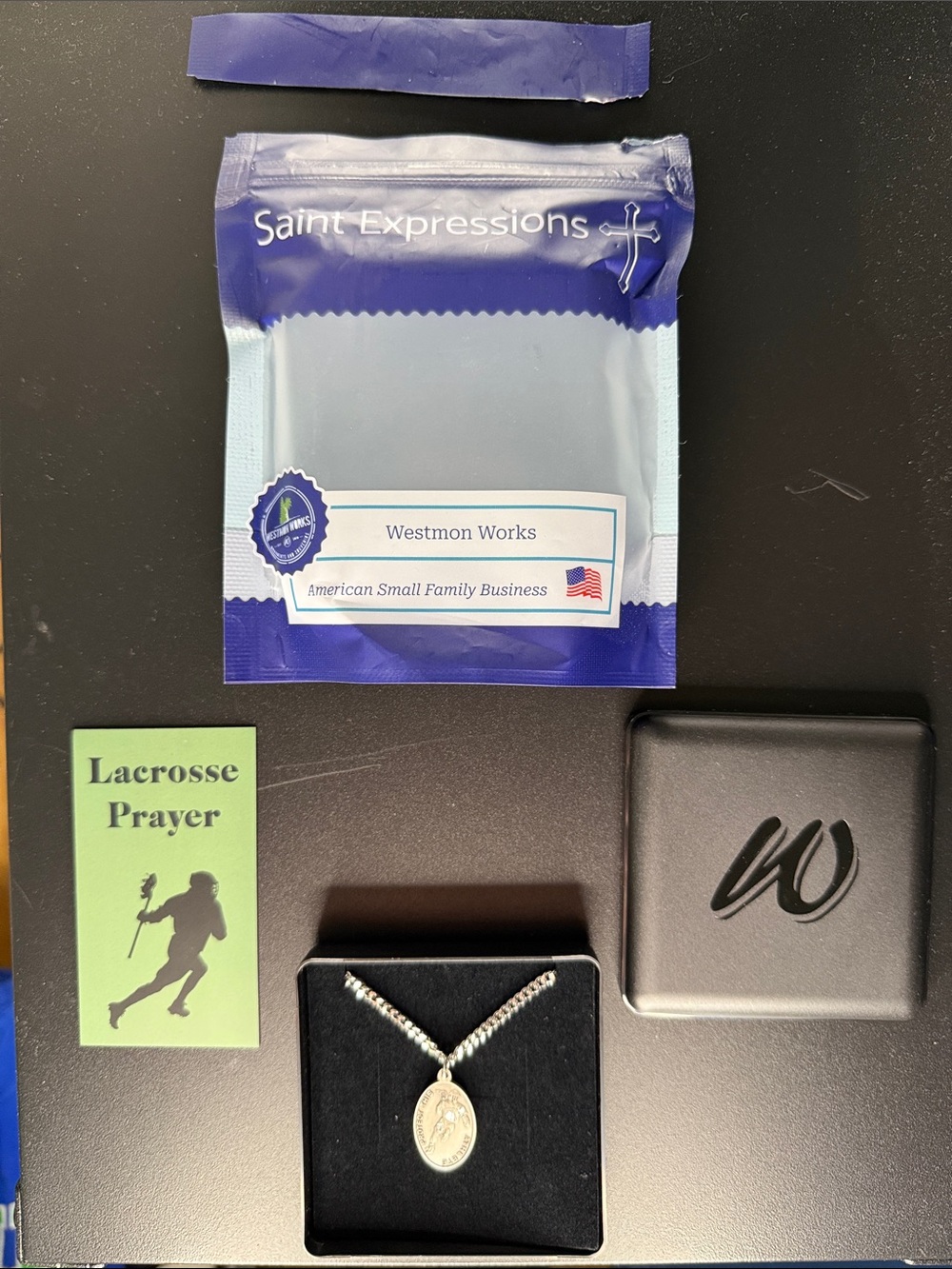 Westmon Works NEW Lacrosse Athlete St Sebastian Pewter medal Prayer Card lax 24”